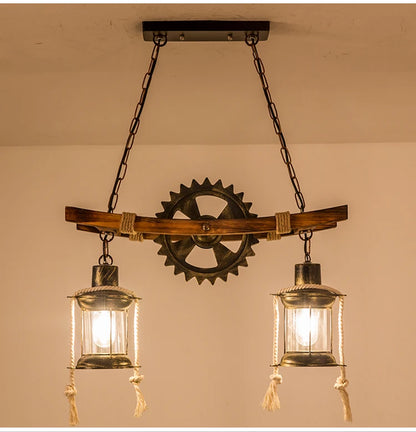 American Light Design Vintage Chandelier Retro Cafe Bar Restaurant Wooden Loft Pendant Lamp Gear Industrial Hanging Glass Light