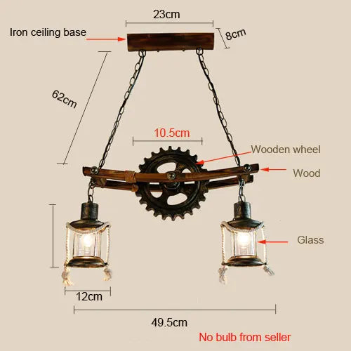 American Light Design Vintage Chandelier Retro Cafe Bar Restaurant Wooden Loft Pendant Lamp Gear Industrial Hanging Glass Light