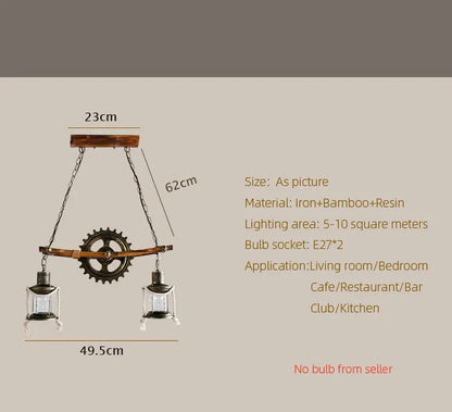 American Light Design Vintage Chandelier Retro Cafe Bar Restaurant Wooden Loft Pendant Lamp Gear Industrial Hanging Glass Light