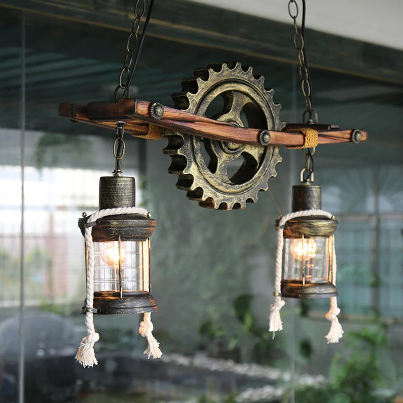 American Light Design Vintage Chandelier Retro Cafe Bar Restaurant Wooden Loft Pendant Lamp Gear Industrial Hanging Glass Light