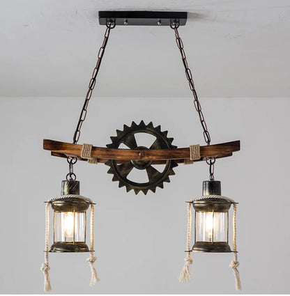 American Light Design Vintage Chandelier Retro Cafe Bar Restaurant Wooden Loft Pendant Lamp Gear Industrial Hanging Glass Light