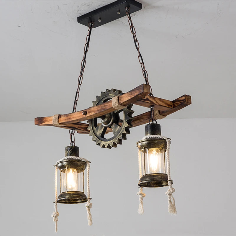 American Light Design Vintage Chandelier Retro Cafe Bar Restaurant Wooden Loft Pendant Lamp Gear Industrial Hanging Glass Light