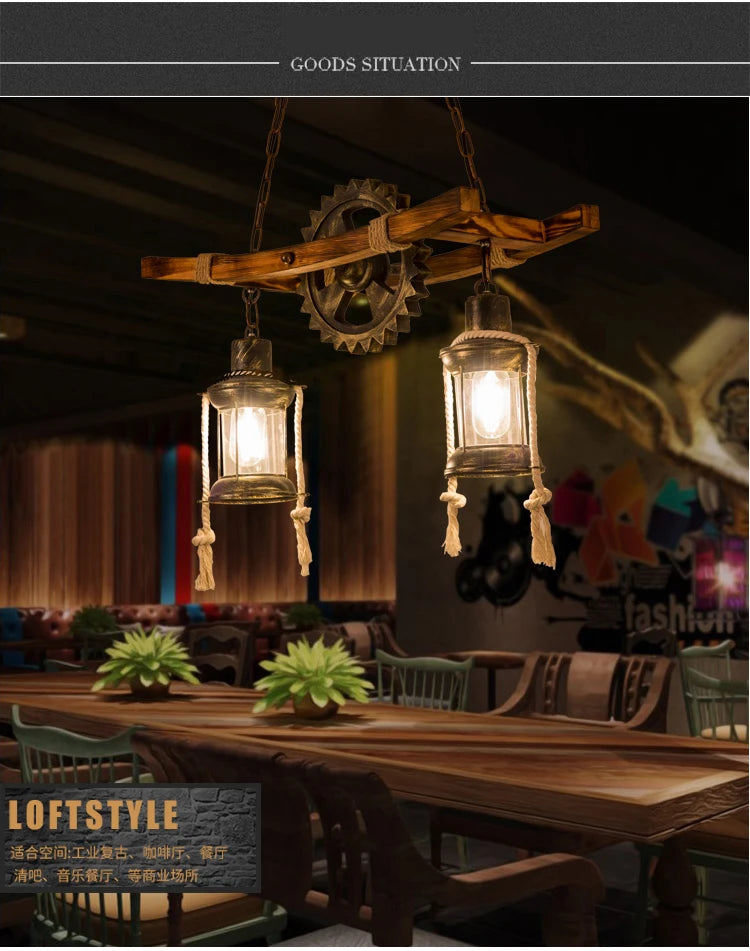 American Light Design Vintage Chandelier Retro Cafe Bar Restaurant Wooden Loft Pendant Lamp Gear Industrial Hanging Glass Light
