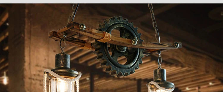 American Light Design Vintage Chandelier Retro Cafe Bar Restaurant Wooden Loft Pendant Lamp Gear Industrial Hanging Glass Light