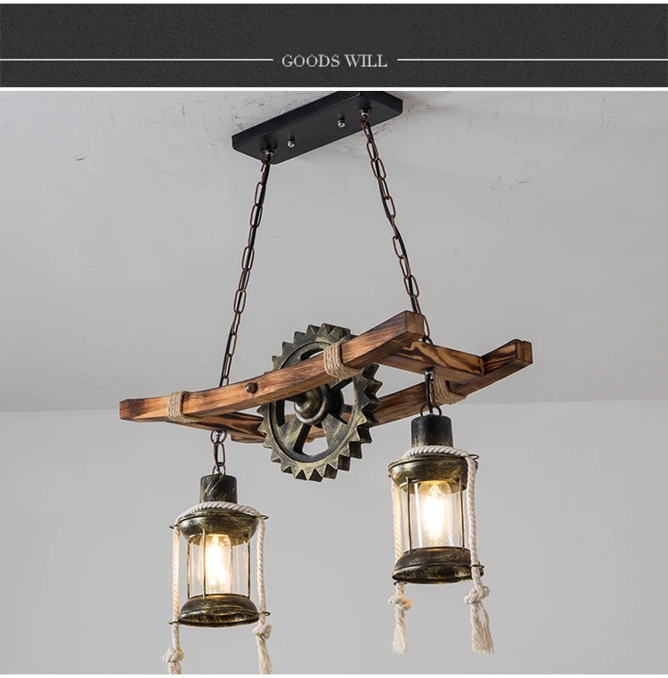 American Light Design Vintage Chandelier Retro Cafe Bar Restaurant Wooden Loft Pendant Lamp Gear Industrial Hanging Glass Light