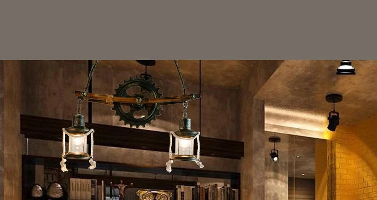 American Light Design Vintage Chandelier Retro Cafe Bar Restaurant Wooden Loft Pendant Lamp Gear Industrial Hanging Glass Light
