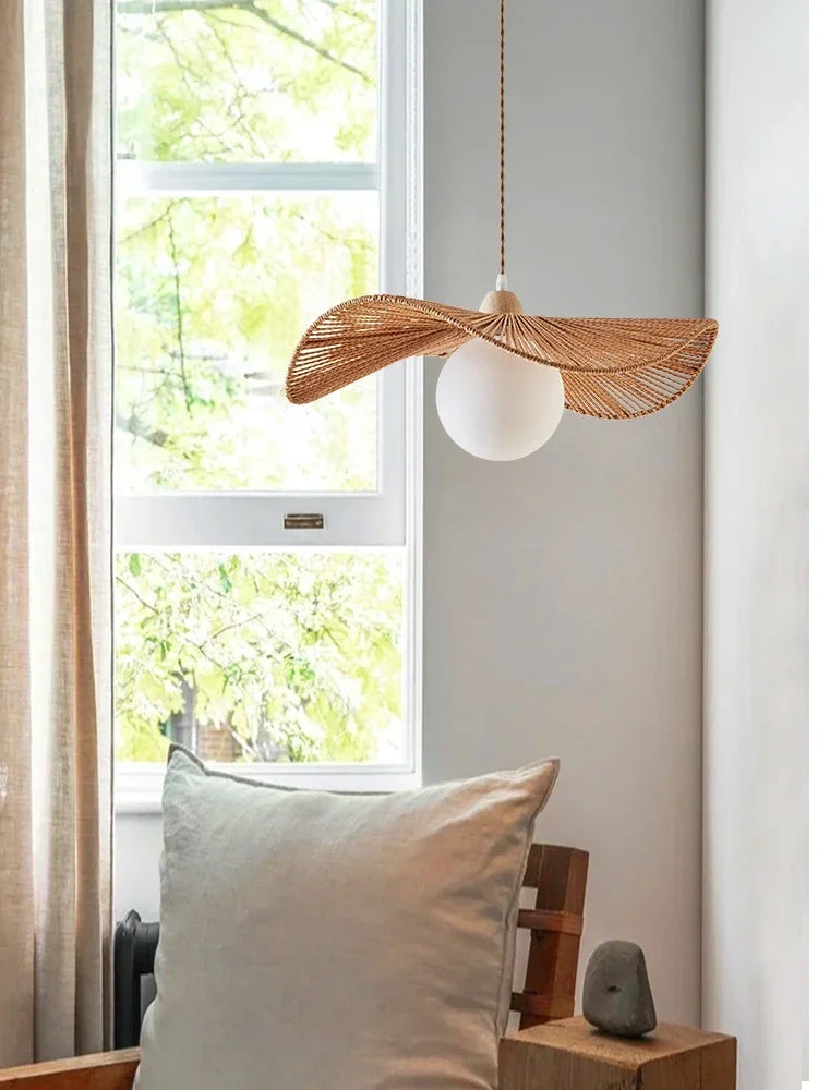 Rattan art woven chandelier Japanese Pendant lamp for Restaurant Bedroom Study Living room Straw hat woven Pendant light