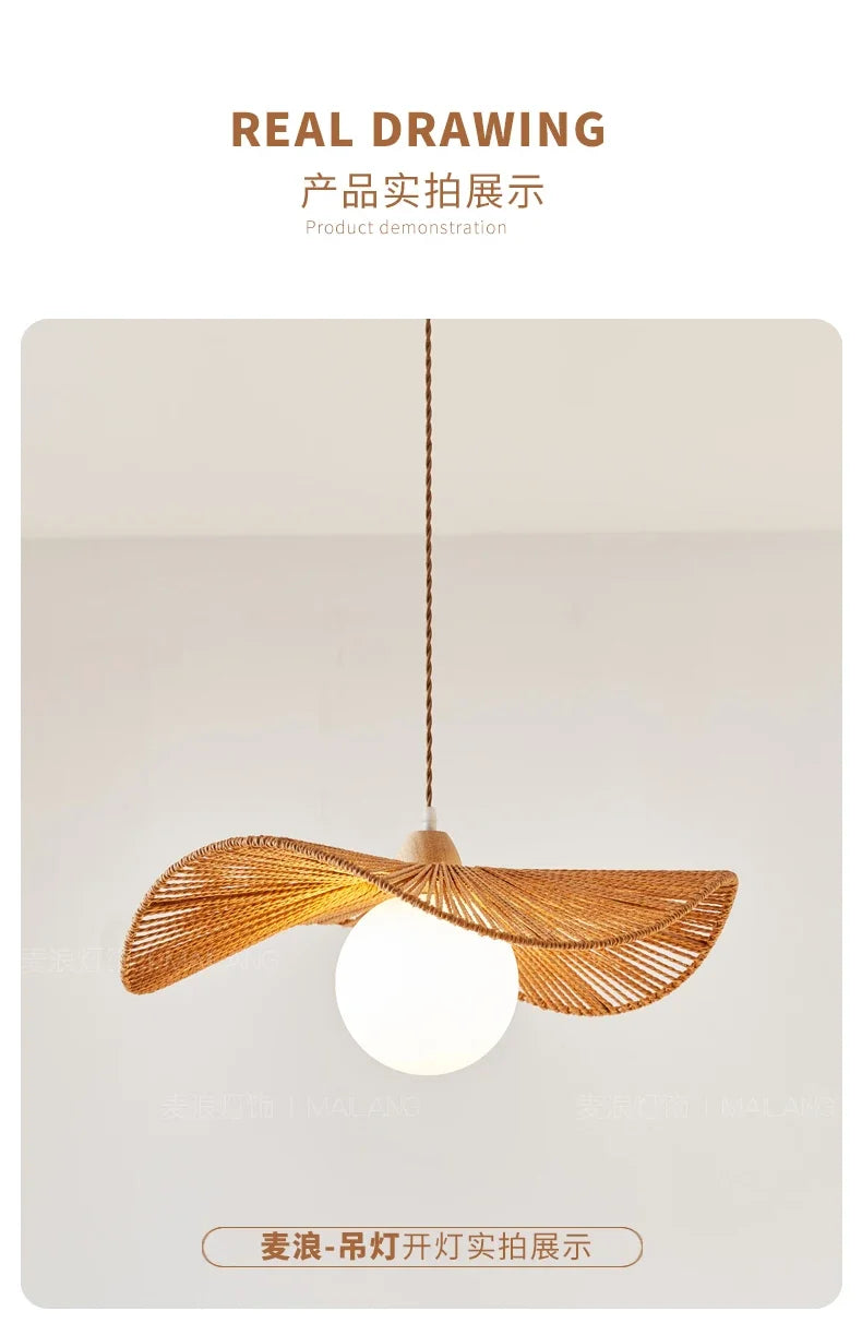 Rattan art woven chandelier Japanese Pendant lamp for Restaurant Bedroom Study Living room Straw hat woven Pendant light