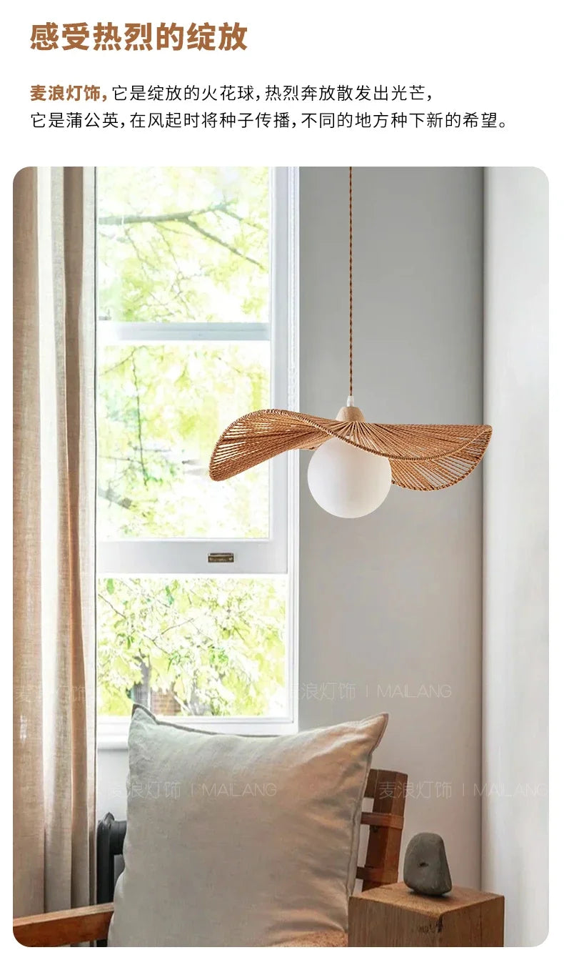 Rattan art woven chandelier Japanese Pendant lamp for Restaurant Bedroom Study Living room Straw hat woven Pendant light